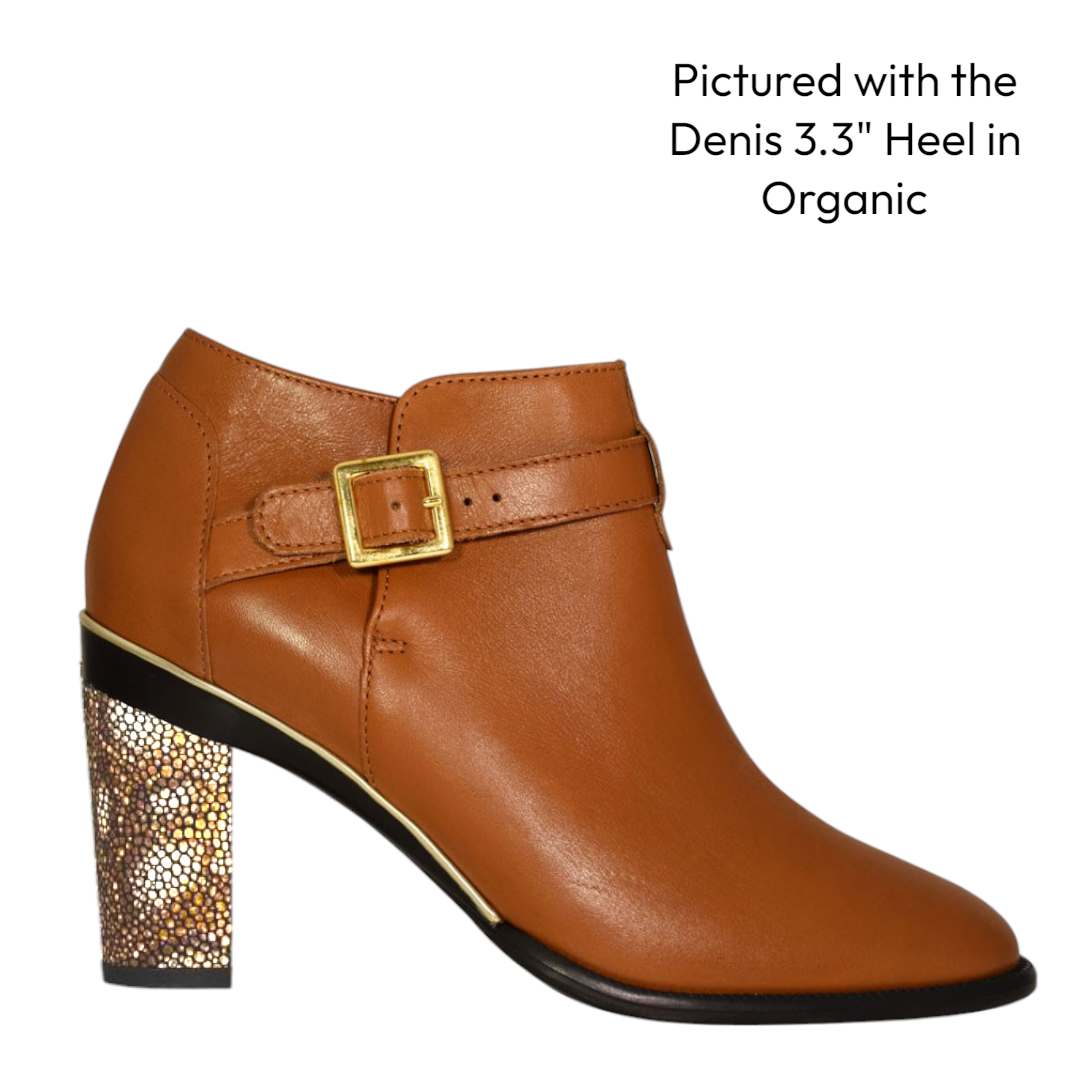 Brown leather ankle boot with gold buckle and organic leather heel . Interchangeable Heels. 