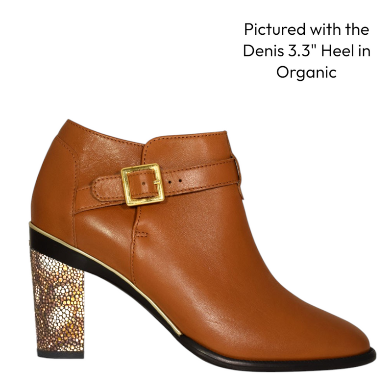 Brown leather ankle boot with gold buckle and organic leather heel . Interchangeable Heels. 