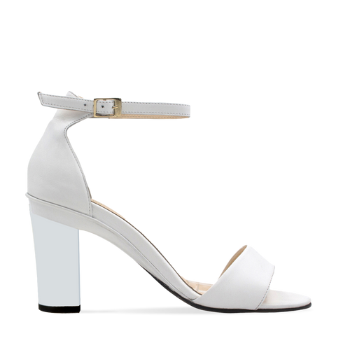 TANYA HEATH Paris white sandal with ankle strap and interchangeable heels. Show with our high 3.3" heel named Denis.