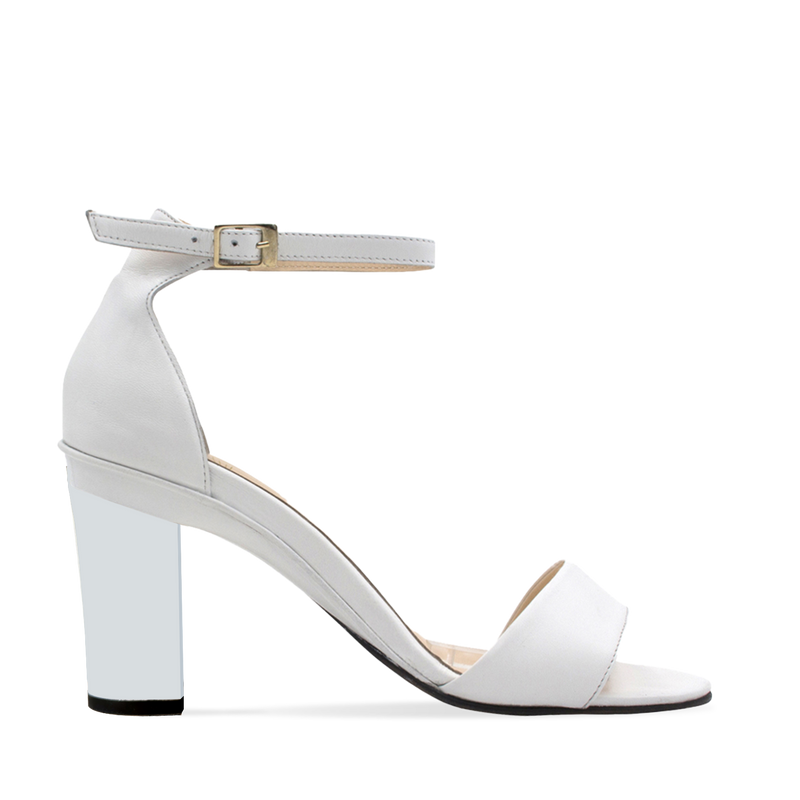 TANYA HEATH Paris white sandal with ankle strap and interchangeable heels. Show with our high 3.3" heel named Denis.