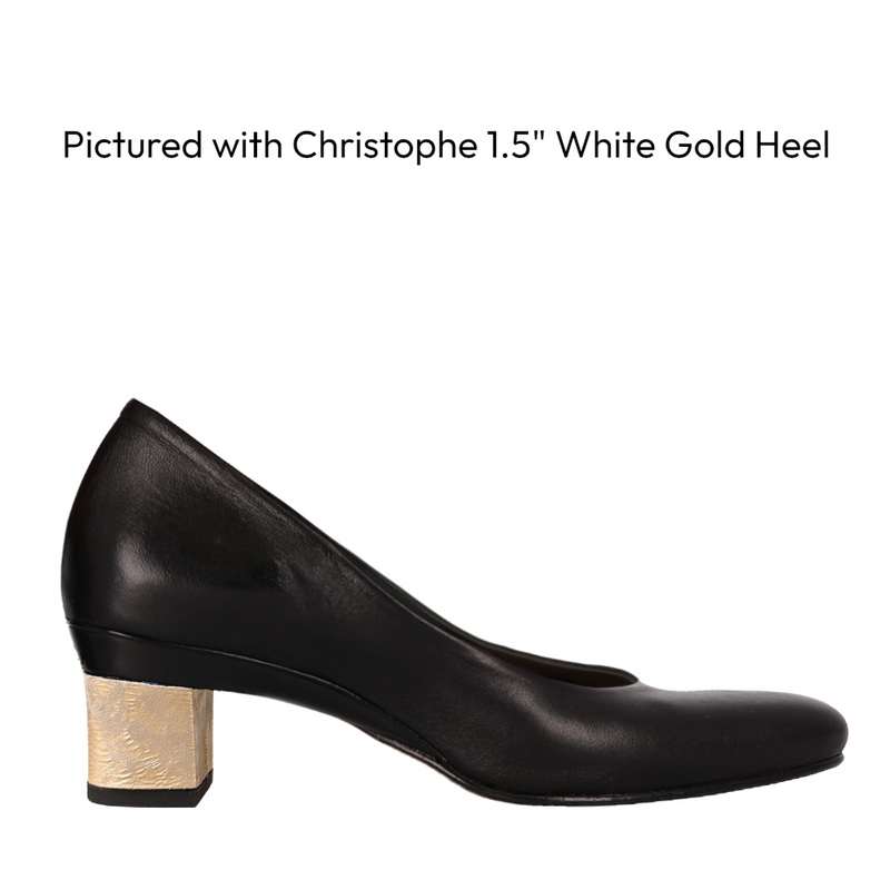 Black shoe with a gold heel on a white background Interchangeable Heels