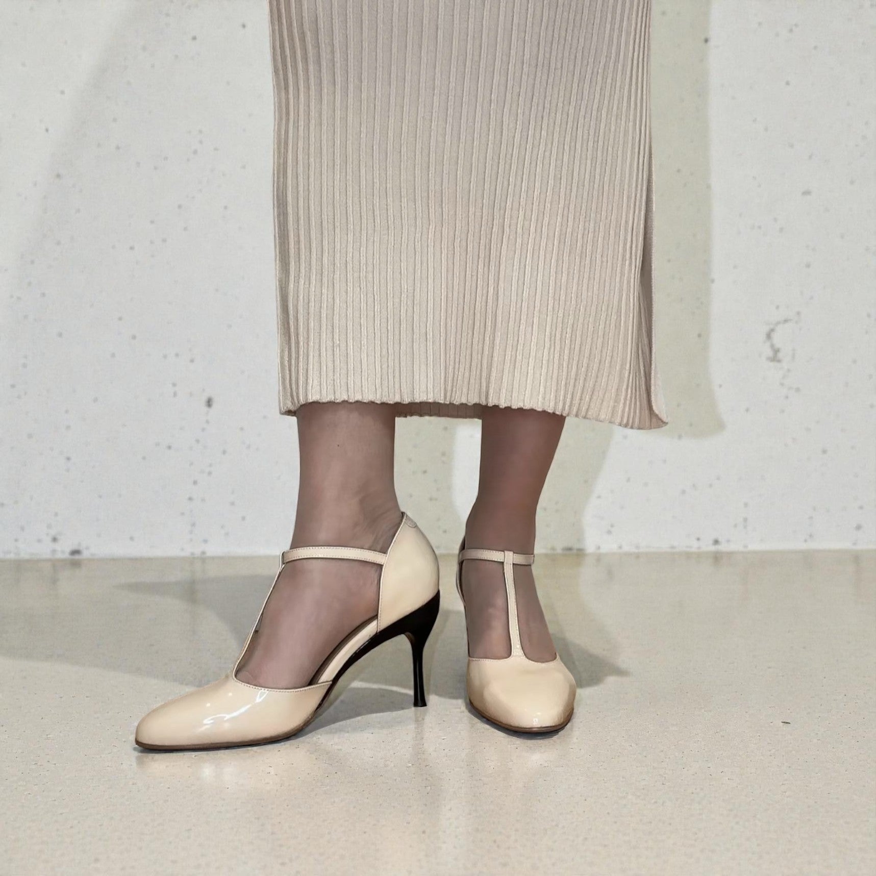 Beige or nude t-strap high-heeled stiletto interchangeable heel by tanya heath us.