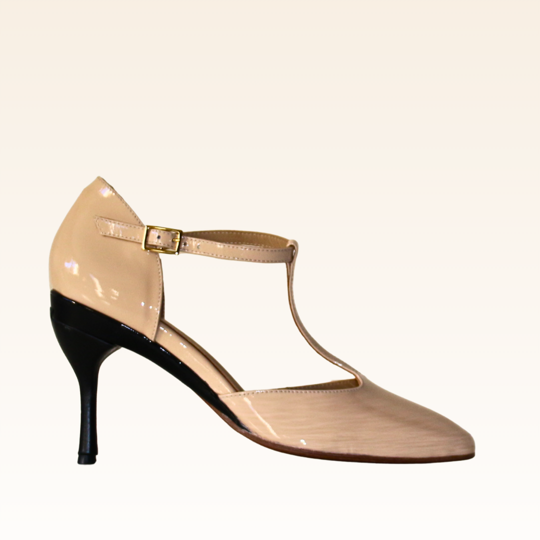 tanya heath t-strap nude patent shoe with stiletto interchangeable heel