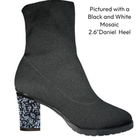 Black vegan fabric boot mid calf with black and white mosaic 2.5" block heel