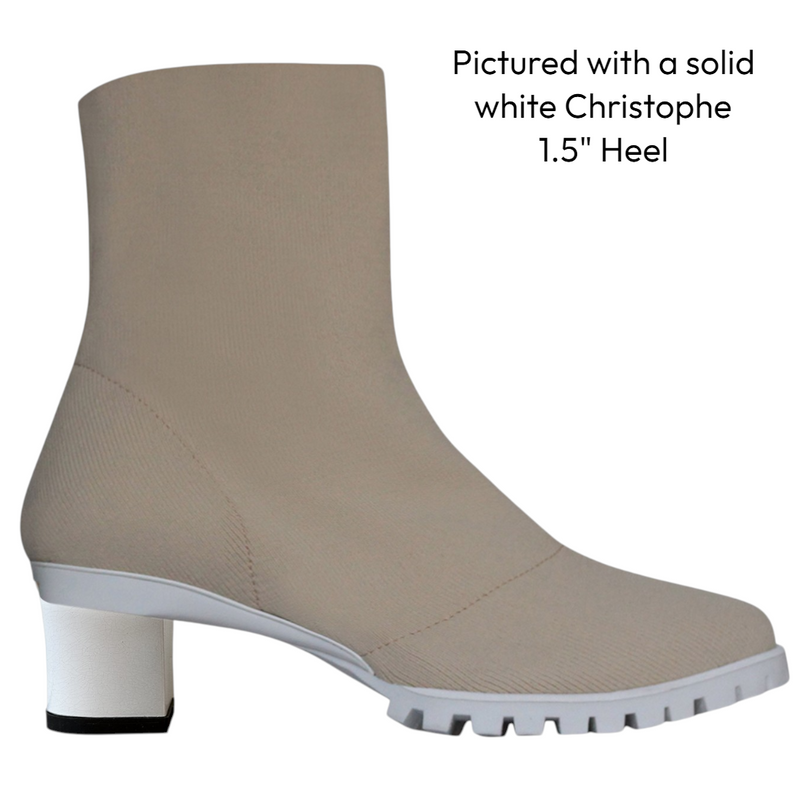 Beige ankle boot with a white heel on a white background. Interchangeable Heels. Vegan Fabric.