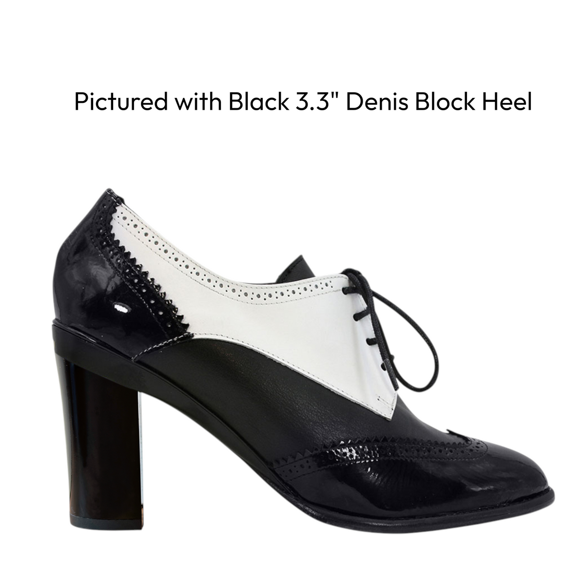 TanyaHeathUS Miss Charlotte oxford shoe in black and white lambskin with interchangeable black block heel