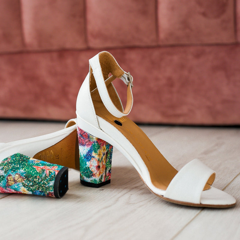 TANYA HEATH Paris White Sandal with Interchangeable Heels. Shown with our White Flower Field Glitter heel. 
