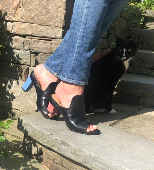 black lambskin slide with removeable heels in rubber walking sole