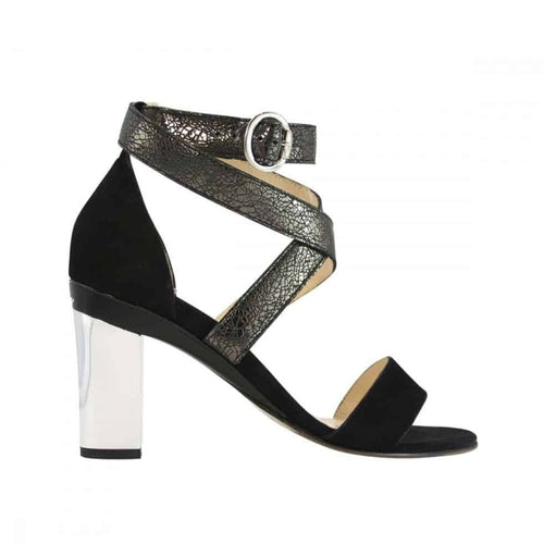 TANYA HEATH Paris Dominy Sandal with Interchangeable Heels in black nubuck.